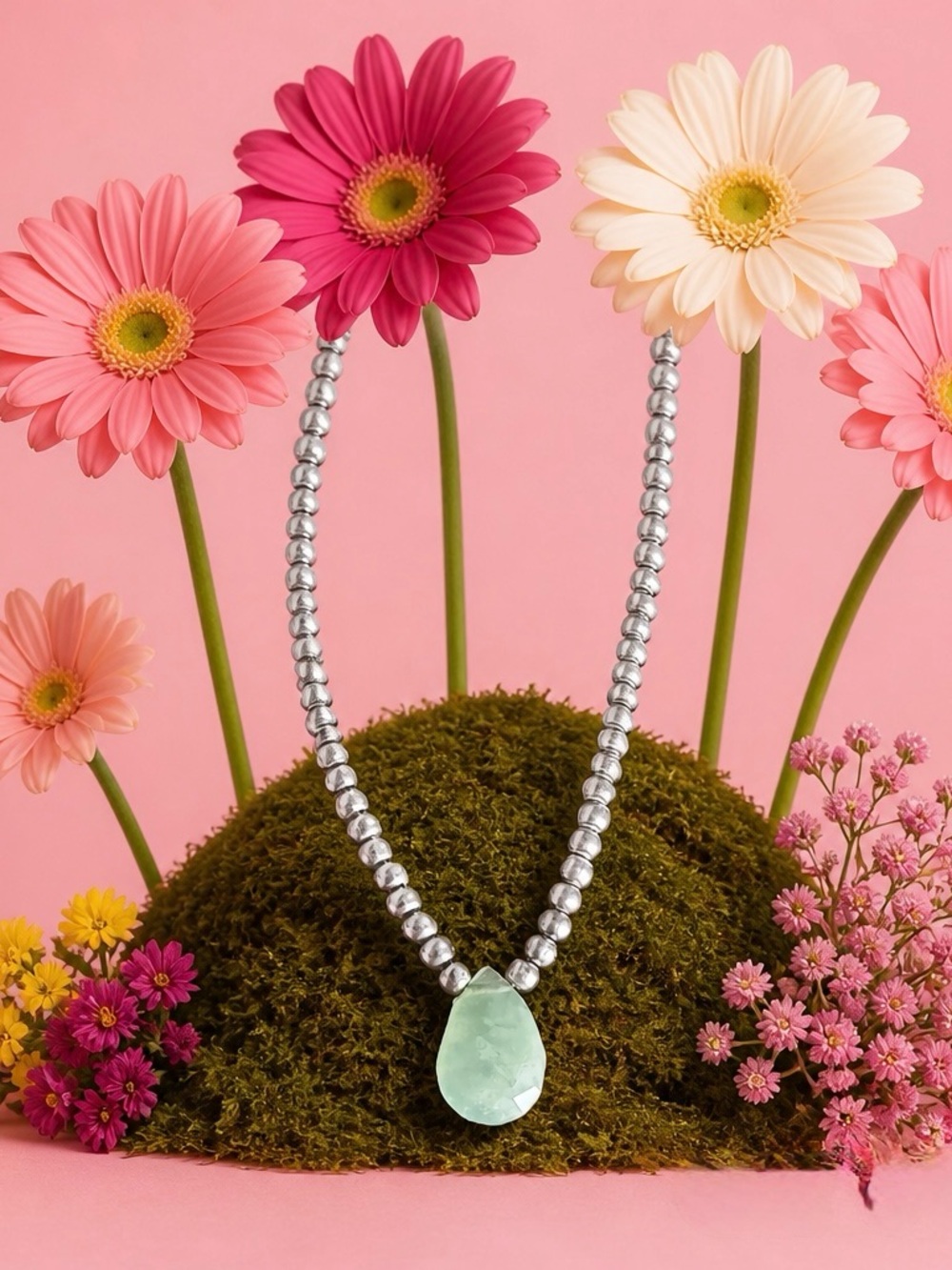 Artisan Natural Amazonite Teardrop Pendant Silver tone Beaded Strand Necklace